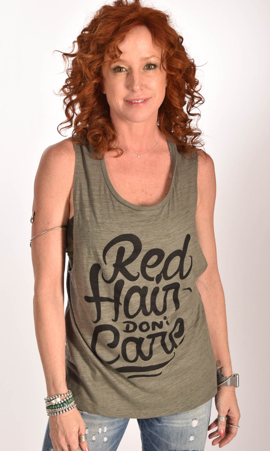 Red Hair Don't Care Flowy Scoop Olive Tank Ginger Problems