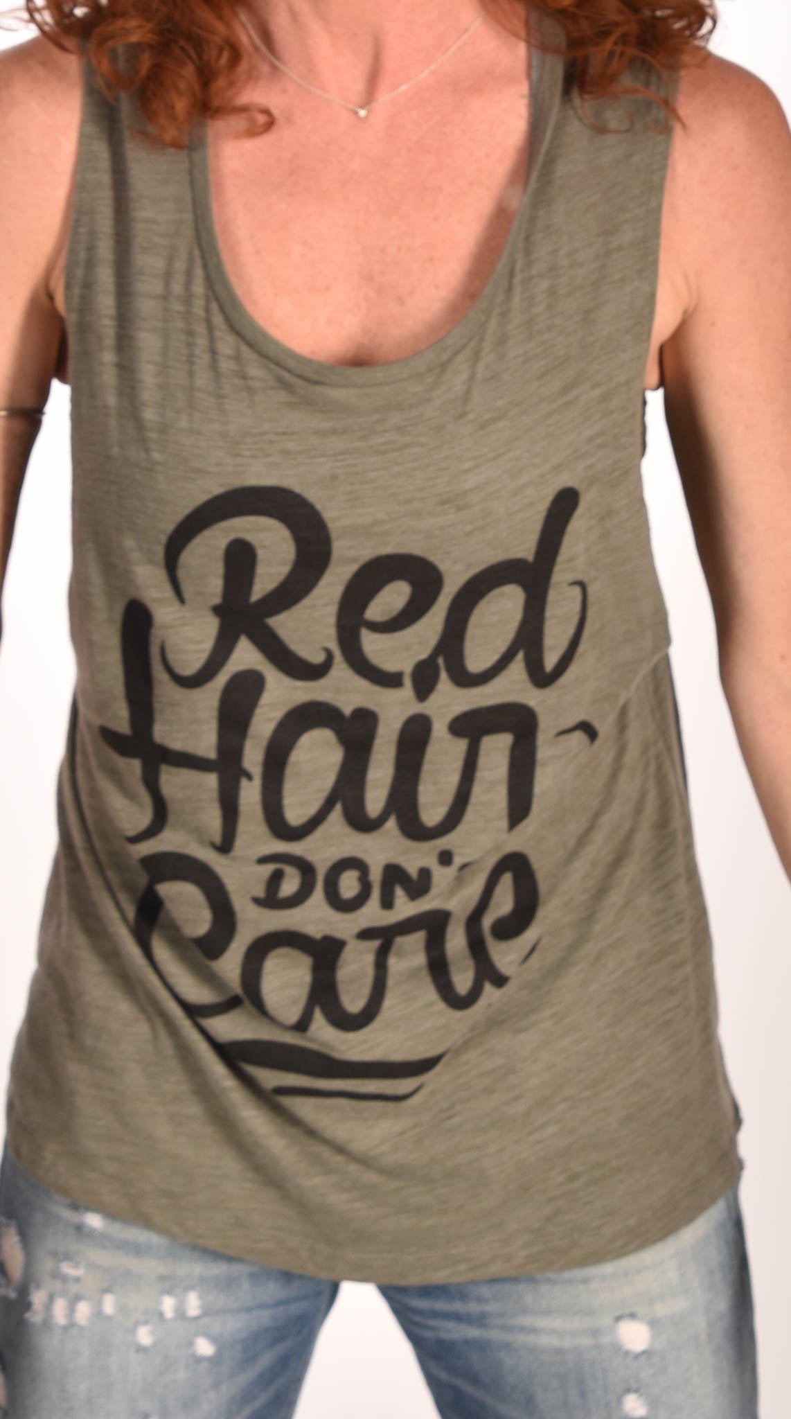 Red Hair Don't Care Flowy Scoop Olive Tank Ginger Problems
