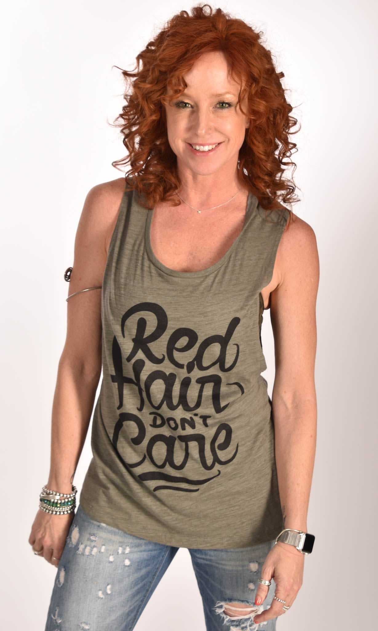 Red Hair Don't Care Flowy Scoop Olive Tank Ginger Problems